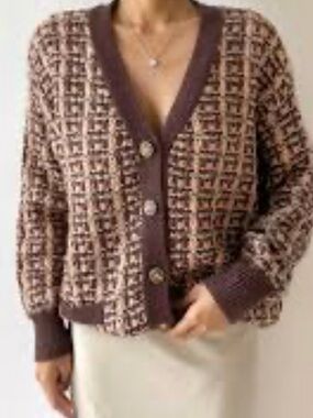 Zara Brown and Cream Checkered Knit Cardigan
